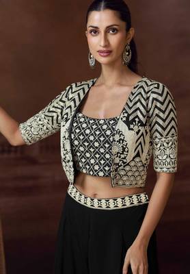 Black embroidery mirror stone & sequins work chinnon silk blouse palazzo suit - free size(size upto 42") 2