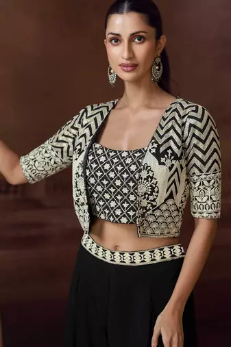 Black embroidery mirror stone & sequins work chinnon silk blouse palazzo suit - free size(size upto 42")
