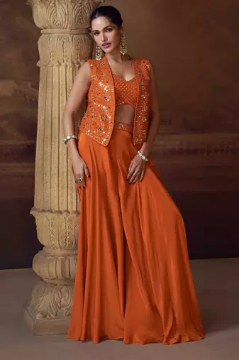 Orange embroidery, mirror, stone & sequins work chinnon silk blouse palazzo suit -  free size stitching (size upto 42")