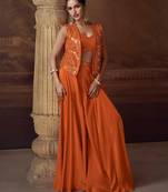 Orange embroidery mirror stone & sequins work chinnon silk blouse palazzo suit - free size(size upto 42")