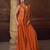 Orange embroidery, mirror, stone & sequins work chinnon silk blouse palazzo suit -  free size stitching (size upto 42")