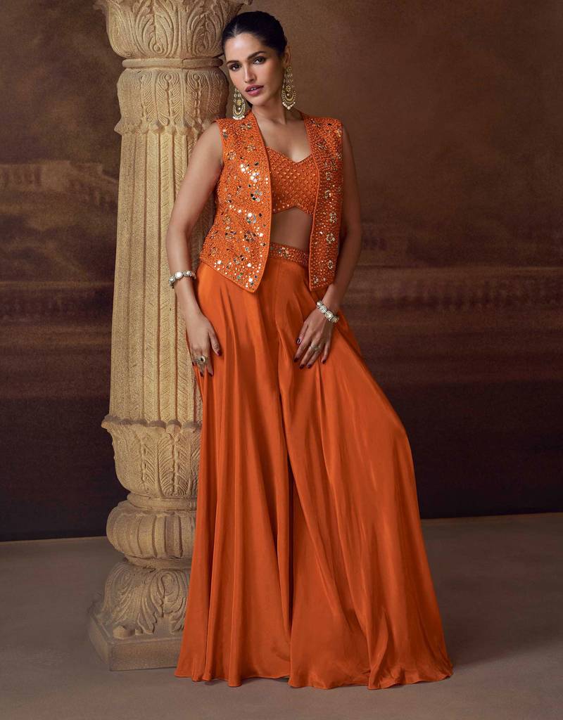 Orange embroidery, mirror, stone & sequins work chinnon silk blouse palazzo suit -  free size stitching (size upto 42")
