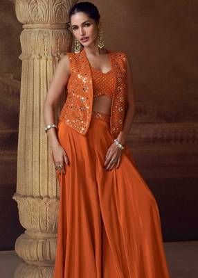Orange embroidery mirror stone & sequins work chinnon silk blouse palazzo suit - free size(size upto 42") 2