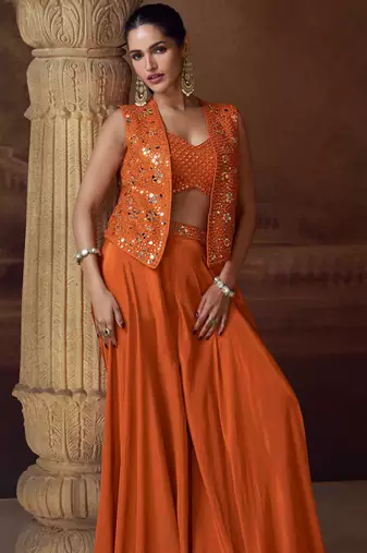 Orange embroidery mirror stone & sequins work chinnon silk blouse palazzo suit - free size(size upto 42")