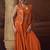 Orange embroidery, mirror, stone & sequins work chinnon silk blouse palazzo suit -  free size stitching (size upto 42")