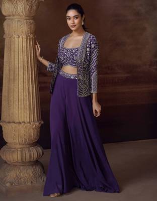Purple embroidery mirror stone & sequins work chinnon silk blouse palazzo suit - free size(size upto 42") 1