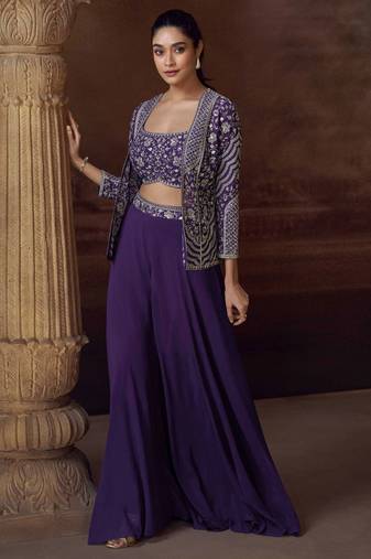 Purple embroidery, mirror, stone & sequins work chinnon silk blouse palazzo suit -  free size stitching (size upto 42")