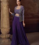 Purple embroidery mirror stone & sequins work chinnon silk blouse palazzo suit - free size(size upto 42")