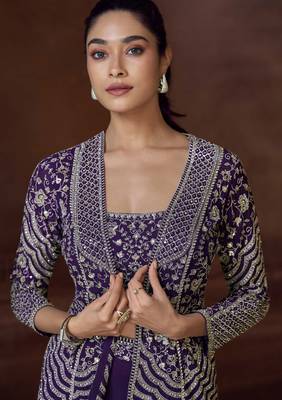Purple embroidery mirror stone & sequins work chinnon silk blouse palazzo suit - free size(size upto 42") 2