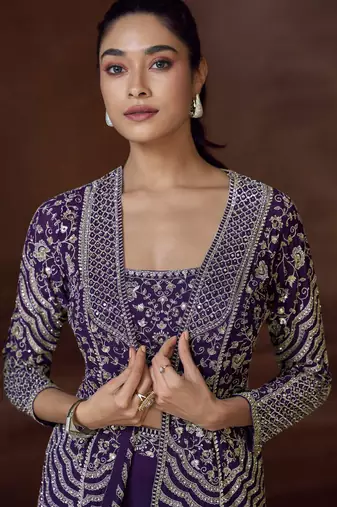 Purple embroidery mirror stone & sequins work chinnon silk blouse palazzo suit - free size(size upto 42")