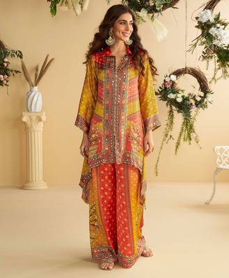 Yellow multi embroidery,sequins & digital printed crep silk cord set palazzo suit -  free size stitching (size upto 42") 1