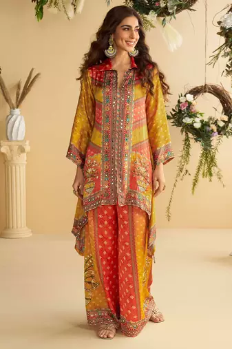 Yellow multi embroidery,sequins & digital printed crep silk cord set palazzo suit -  free size stitching (size upto 42")