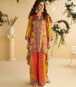 Yellow multi embroidery,sequins & digital printed crep silk cord set palazzo suit -  free size stitching (size upto 42")