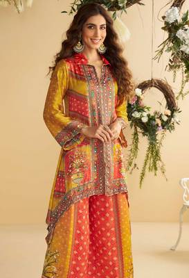Yellow multi embroidery,sequins & digital printed crep silk cord set palazzo suit -  free size stitching (size upto 42") 2