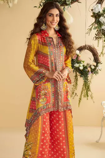 Yellow multi embroidery,sequins & digital printed crep silk cord set palazzo suit -  free size stitching (size upto 42")