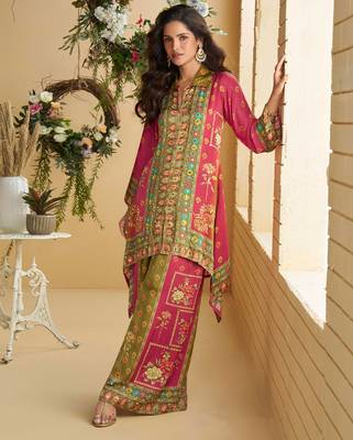 Pnik multi embroiderysequins & digital printed crep silk cord set palazzo suit -  free size stitching (size upto 42") 1