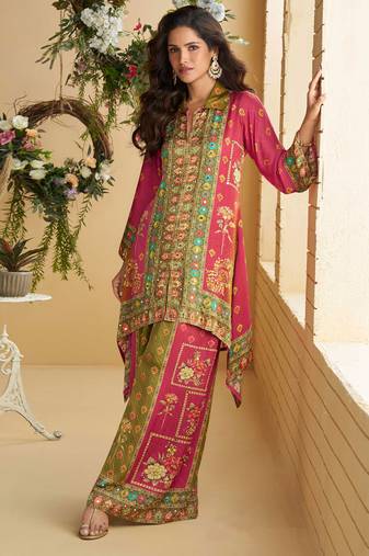 Pnik multi embroiderysequins & digital printed crep silk cord set palazzo suit -  free size stitching (size upto 42")