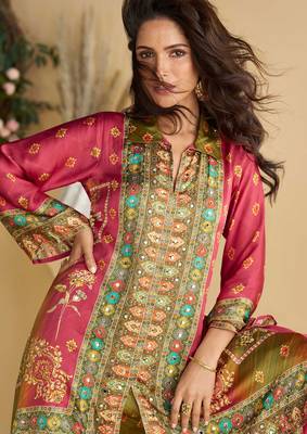 Pnik multi embroiderysequins & digital printed crep silk cord set palazzo suit -  free size stitching (size upto 42") 2