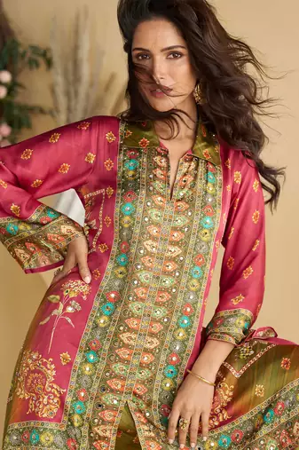 Pnik multi embroiderysequins & digital printed crep silk cord set palazzo suit -  free size stitching (size upto 42")