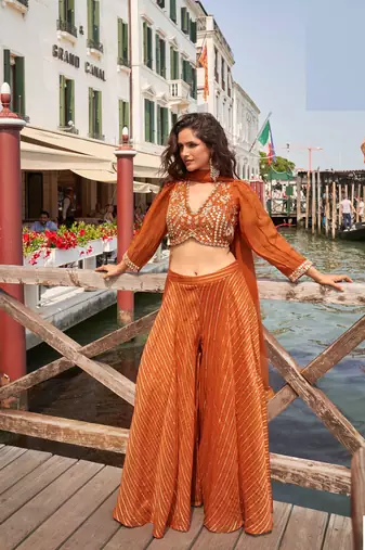 Orange embroiderystone & sequins work viscos jacquard silk blouse palazzo suit -  free size stitching (size upto 42")