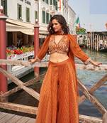 Orange embroiderystone & sequins work viscos jacquard silk blouse palazzo suit - free size(size upto 42")