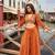 Orange embroiderystone & sequins work viscos jacquard silk blouse palazzo suit -  free size stitching (size upto 42")