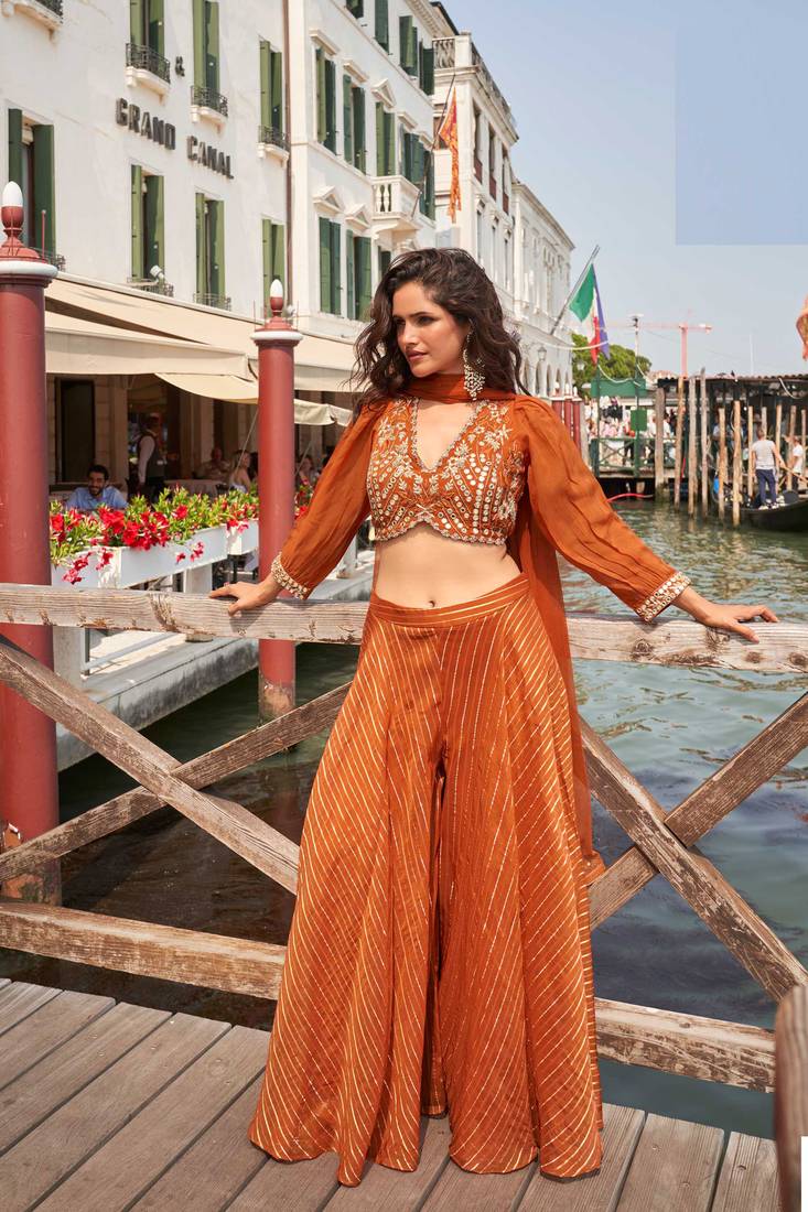Orange embroiderystone & sequins work viscos jacquard silk blouse palazzo suit -  free size stitching (size upto 42")