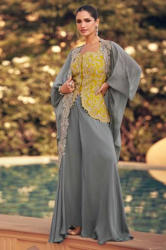 Yellow embroidery & sequins work chinnon silk long blouse palazzo suit -  free size stitching (size upto 42")