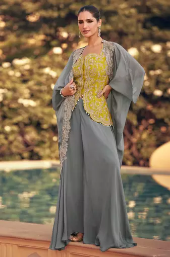 Yellow embroidery & sequins work chinnon silk long blouse palazzo suit -  free size stitching (size upto 42")