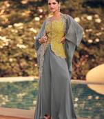 Yellow embroidery & sequins work chinnon silk long blouse palazzo suit - free size(size upto 42")