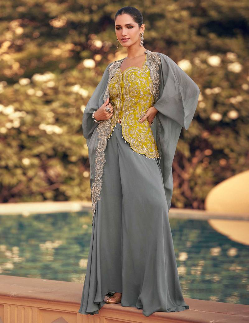 Yellow embroidery & sequins work chinnon silk long blouse palazzo suit -  free size stitching (size upto 42")