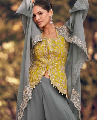 Yellow embroidery & sequins work chinnon silk long blouse palazzo suit - free size(size upto 42") 2
