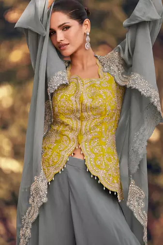 Yellow embroidery & sequins work chinnon silk long blouse palazzo suit - free size(size upto 42")