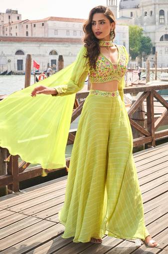 Lime yellow embroidery,sequins work viscos jacquard silk blouse palazzo suit -  free size stitching (size upto 42")