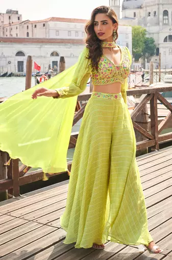 Lime yellow embroidery,sequins work viscos jacquard silk blouse palazzo suit -  free size stitching (size upto 42")