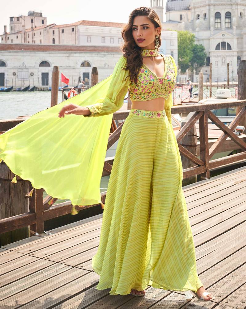 Lime yellow embroidery,sequins work viscos jacquard silk blouse palazzo suit -  free size stitching (size upto 42")
