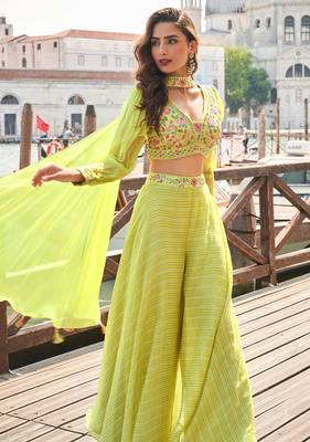 Lime yellow embroiderysequins work viscos jacquard silk blouse palazzo suit - free size(size upto 42") 2