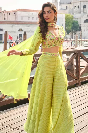 Lime yellow embroiderysequins work viscos jacquard silk blouse palazzo suit - free size(size upto 42")