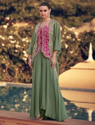 Rani pink embroidery & sequins work chinnon silk long blouse palazzo suit -  free size stitching (size upto 42") 1