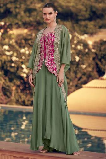 Rani pink embroidery & sequins work chinnon silk long blouse palazzo suit -  free size stitching (size upto 42")