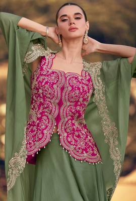 Rani pink embroidery & sequins work chinnon silk long blouse palazzo suit -  free size stitching (size upto 42") 2