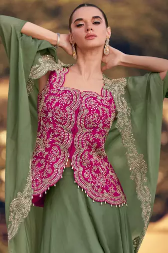 Rani pink embroidery & sequins work chinnon silk long blouse palazzo suit -  free size stitching (size upto 42")