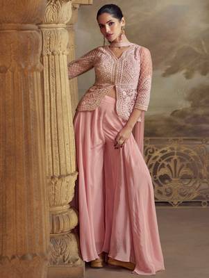 Rose pink embroidery mirror worksequins viscos straight kurta palazzo suit - free size(size upto 42") 1