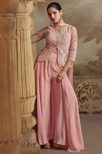 Rose pink embroidery, mirror work,sequins viscos straight kurta palazzo suit -  free size stitching (size upto 42")