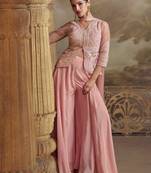 Rose pink embroidery mirror worksequins viscos straight kurta palazzo suit - free size(size upto 42")