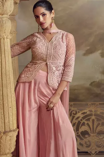 Rose pink embroidery mirror worksequins viscos straight kurta palazzo suit - free size(size upto 42")