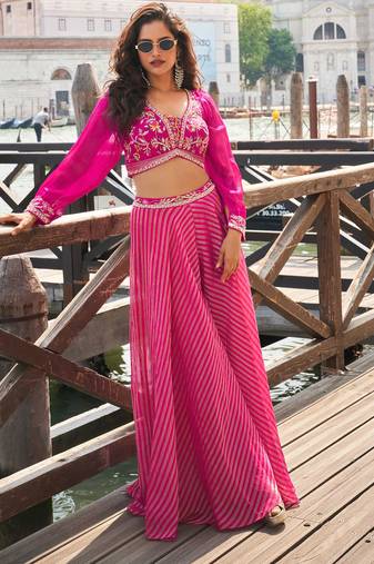 Rani pink embroidery hand& sequins work viscos jacquard silk blouse palazzo suit -  free size stitching (size upto 42")