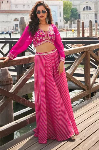 Rani pink embroidery hand& sequins work viscos jacquard silk blouse palazzo suit -  free size stitching (size upto 42")