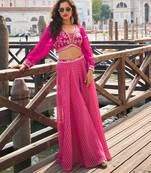 Rani pink embroidery hand& sequins work viscos jacquard silk blouse palazzo suit - free size(size upto 42")