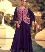 Pink embroidery & sequins work chinnon silk long blouse palazzo suit - free size(size upto 42")